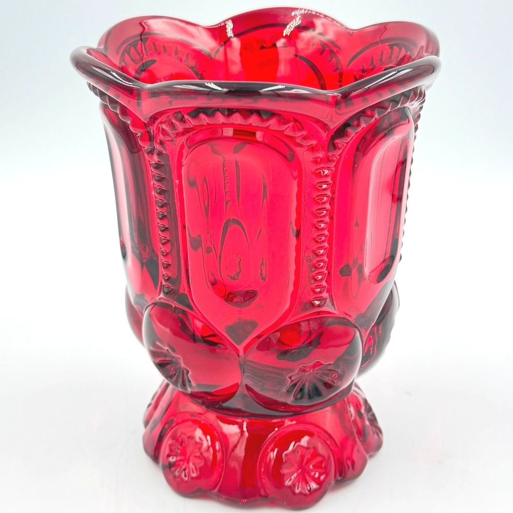 LG Wright Moon and Stars Ruby Red Glass Spooner Spoon Holder Marked W Vintage